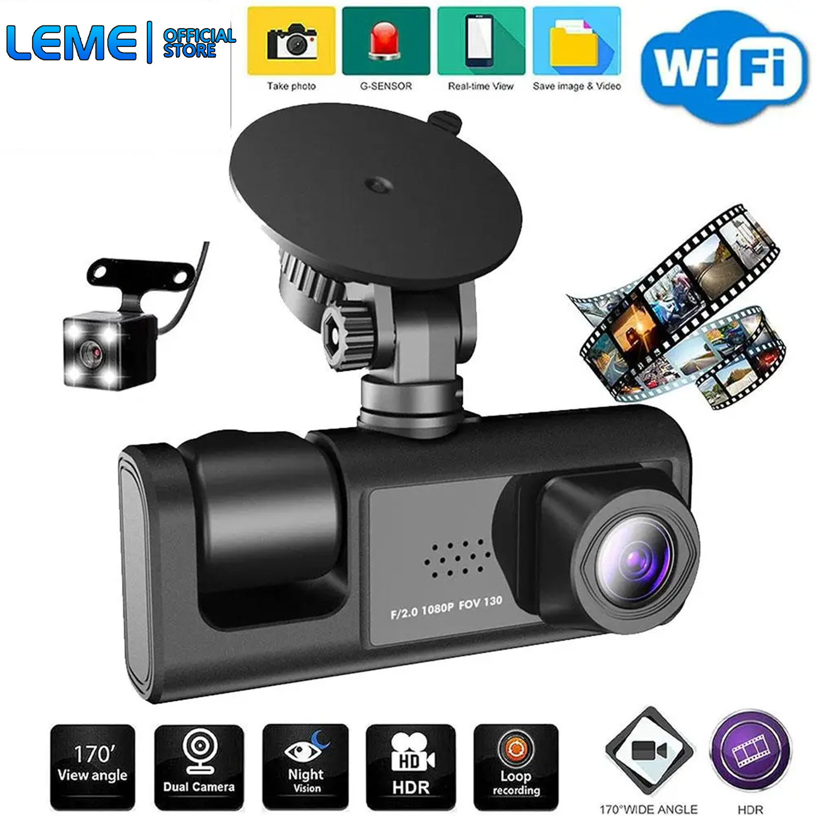 LEME 3 Camera Car Dashcam with Night Vision