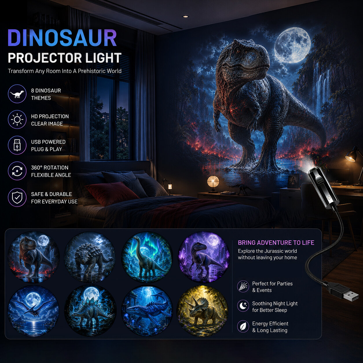 Fantasy Dinosaur Projector Light USB Powered Moonlight Jurassic Galaxy Ambient Night Light Suitable for Bedroom Decor