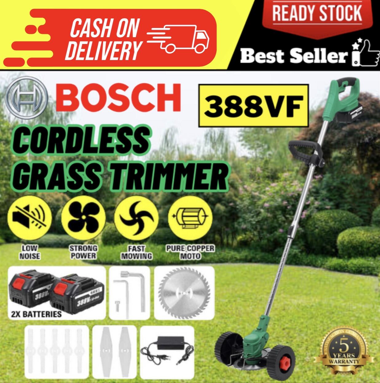 BOSCH 388V Cordless Grass Cutter Electric Lawn Mower With 1 Battery and