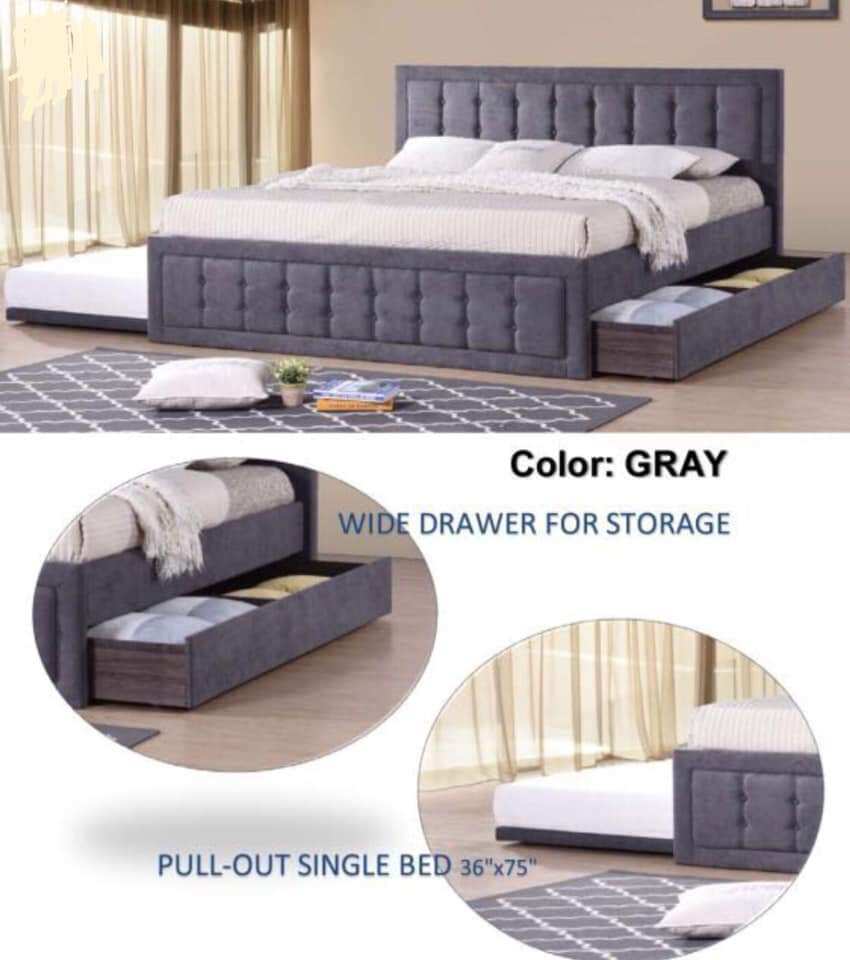 King Size Padded Bed Frame with Pull-Out & Drawer