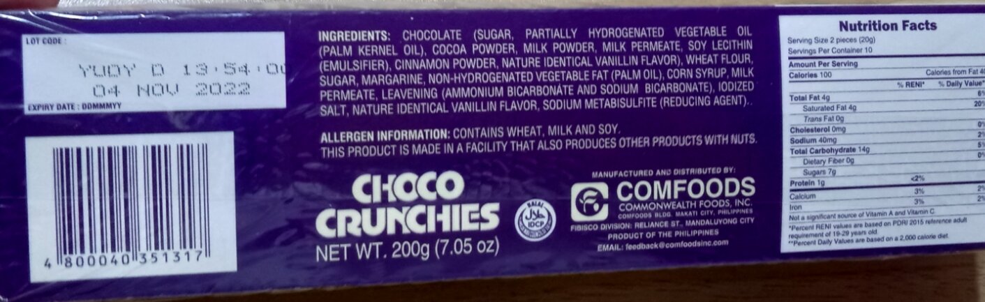 200g Choco Crunchies. Chocolate Covered Biscuits. Individually wrapped in aluminum foil.. 
