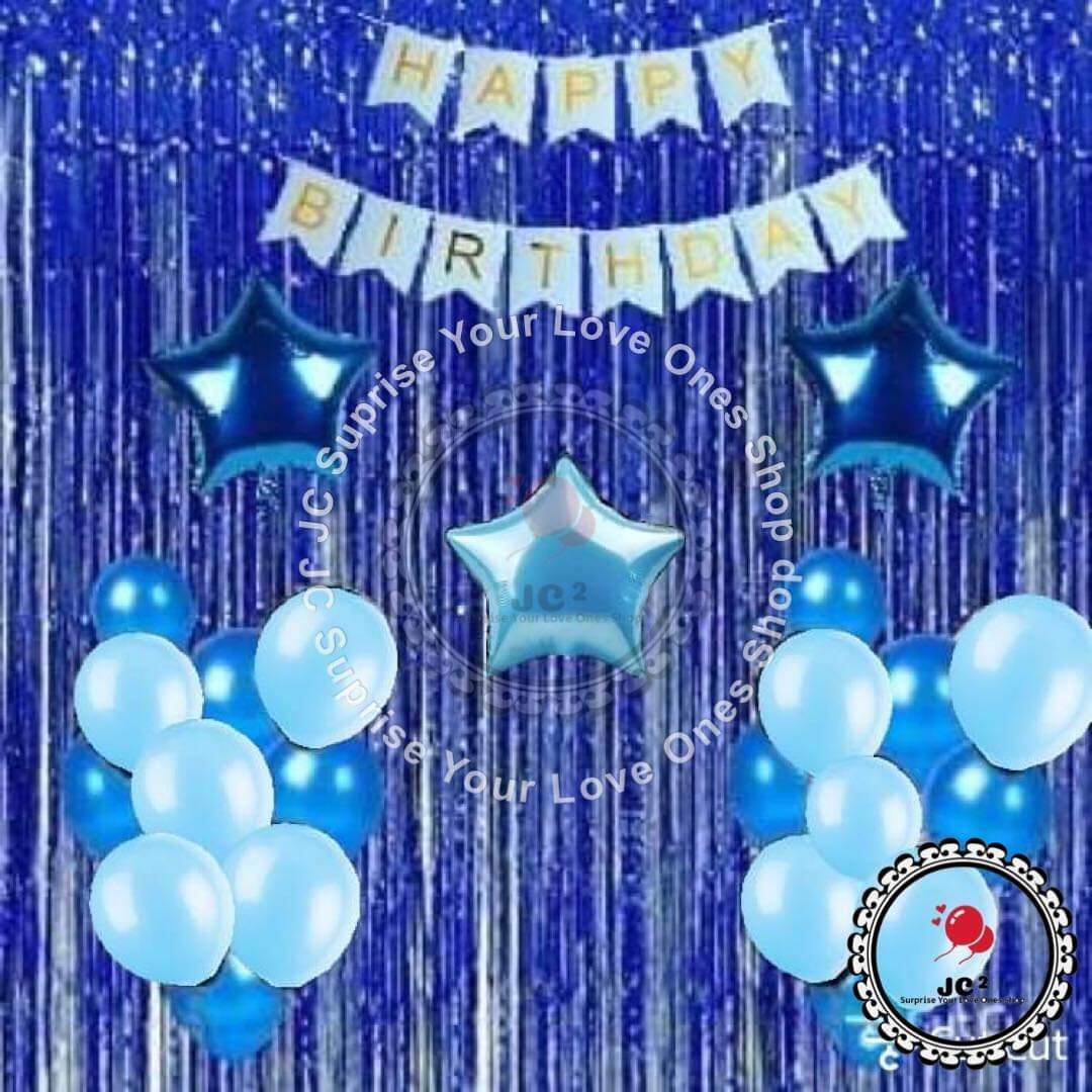 BIZZORT Birthday Party Decoration– Blue, lt. Blue & Silver Combo Pack of 33 Pcs | Happy Birthday Banner | Foil Curtains | 30 Metallic Balloons