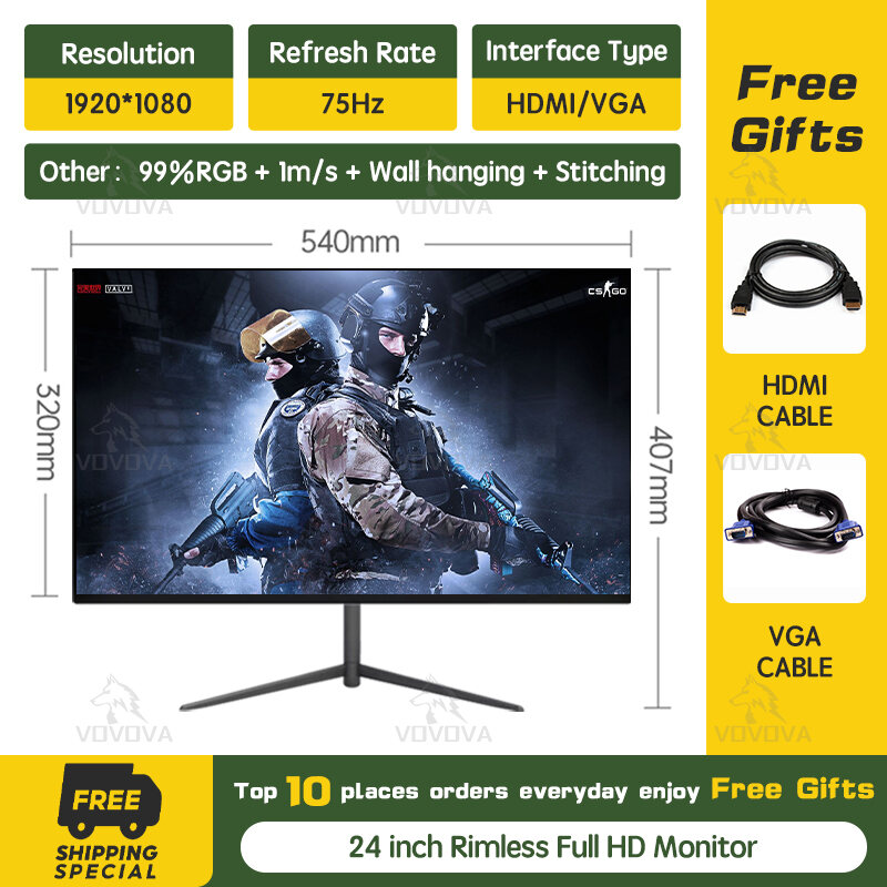 VOVOVA Monitor 75Hz 1080P IPS FHD Framless Gaming Monitor 27/24/22/19