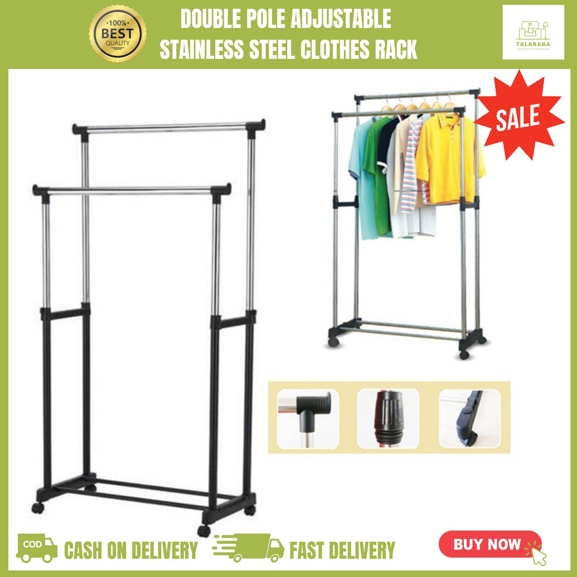 TALABABA Double Pole Standing Adjustable Stainless Steel Clothes Rack
