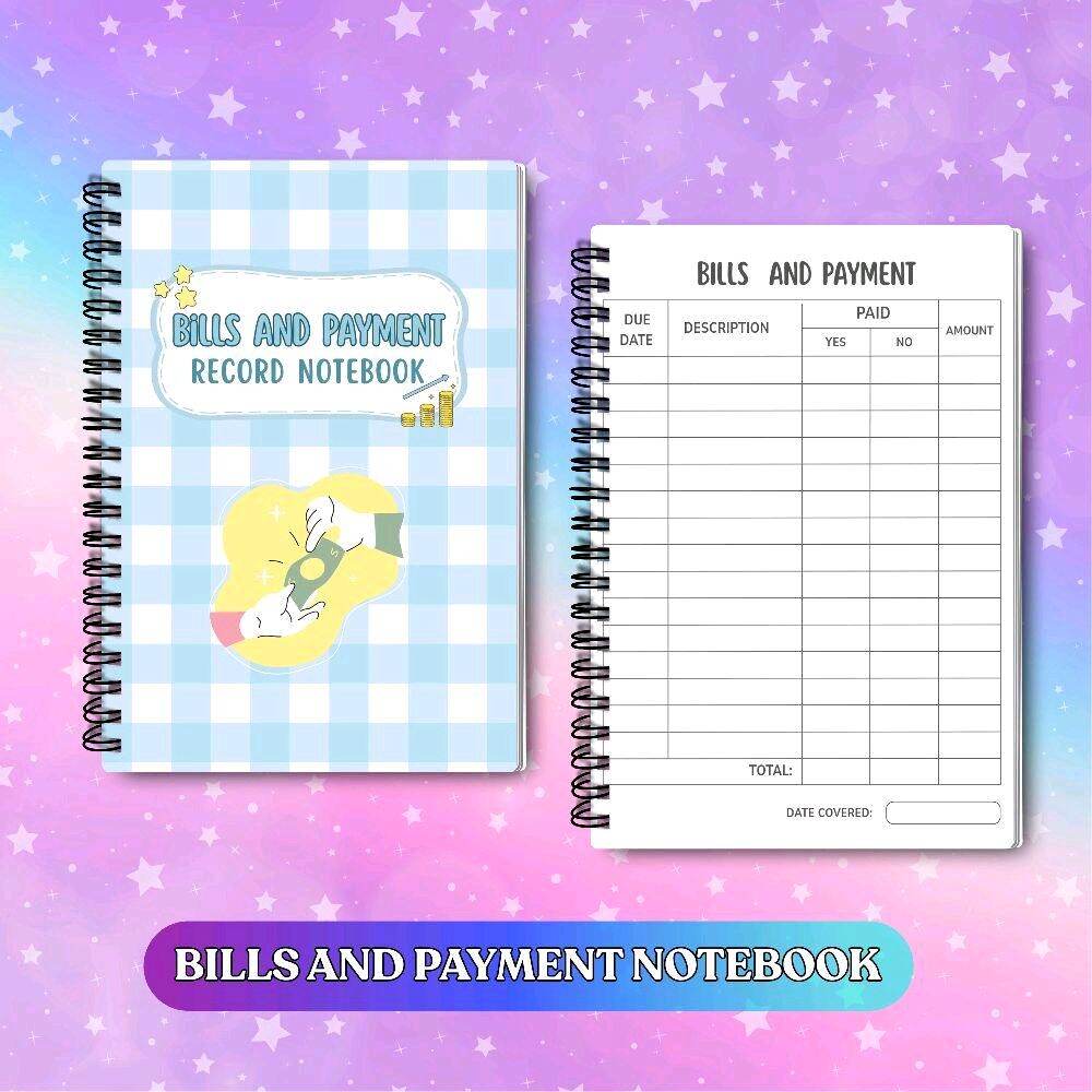 Bills and Payment Record Notebook with blue checkered cover and yellow wallet illustration. Features columns for due date description paid status and amount. Suitable for personal finance tracking. FREE BALLPEN