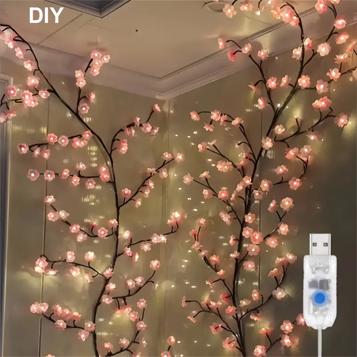 72/96 LED USB Cherry Blossom Vine String Lights with 8-Mode DIY Plastic Flower Theme for Parties Weddings Outdoor Decoration