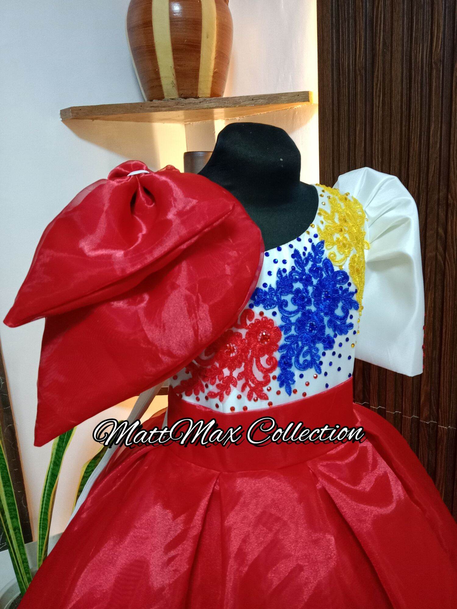 filipiniana dress flag design Custom order. Philippine flag inspiration gown embellished with appliques . Cultural Filipiniana Philippine Dress