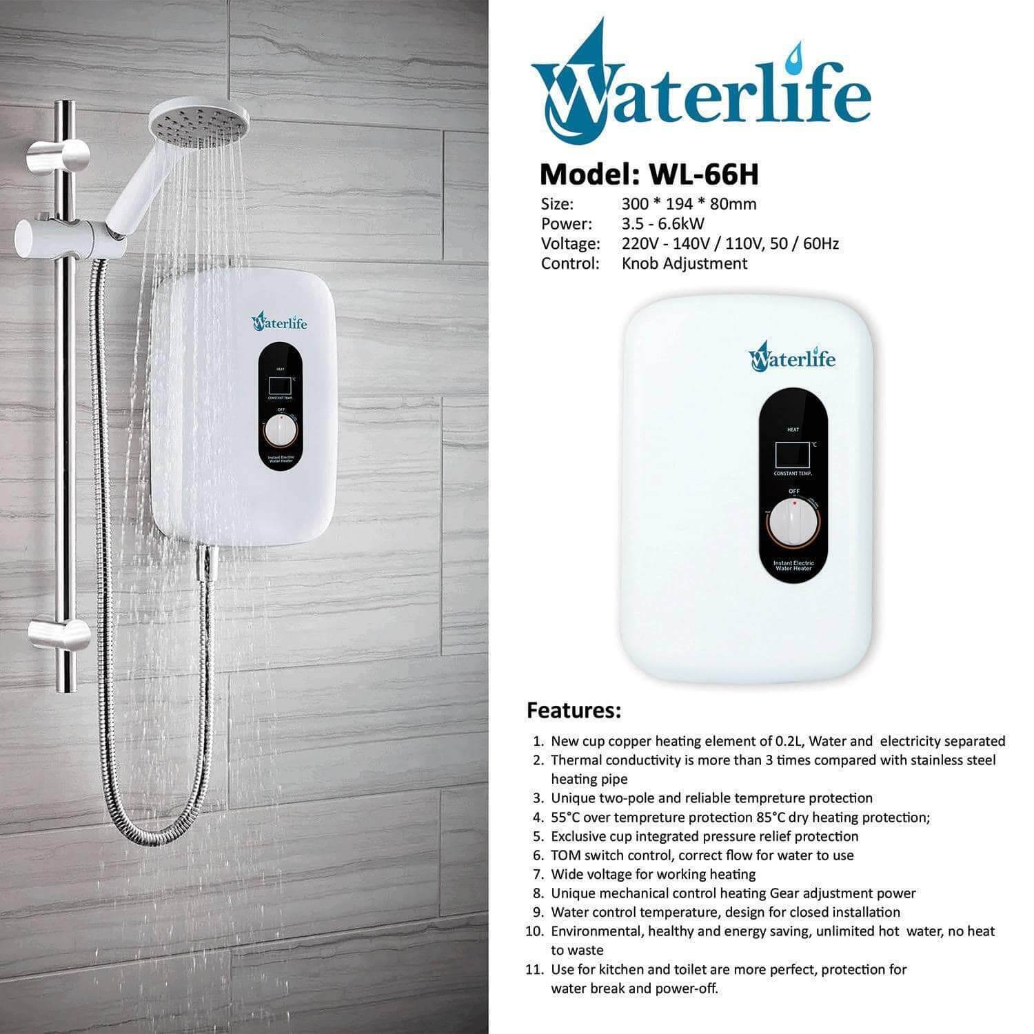 Waterlife Instant Water Heater w/ Shower Set included WL66H (FOR