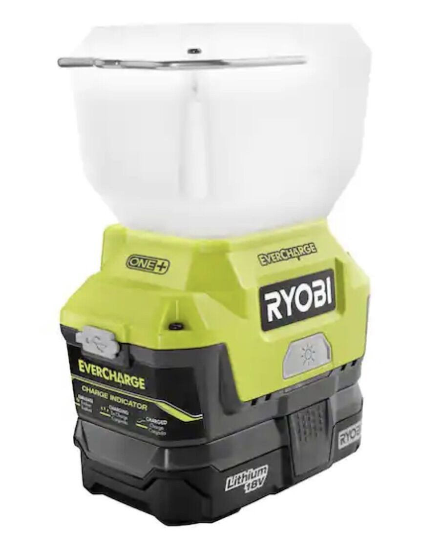 RYOBI P784K 18V Lithium-Ion Cordless EVERCHARGE LED Area Light with (1)  Ah Battery and (1) Wall Mount Adaptor Charger, With modes of brightness 