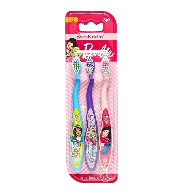 Barbie Brush Buddies Soft Toothbrushes 3-Pack with Barbie Illustrations in Blue Purple Pink Handles for Fun Brushing Experience