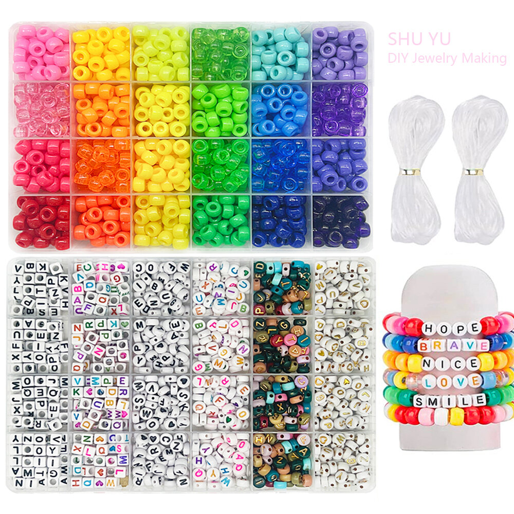 Pony Beads for Friendship Bracelet Making Kit 24 Colors Kandi Beads Set Plastic Rainbow Bulk and 980pcs Letter Beads wit
