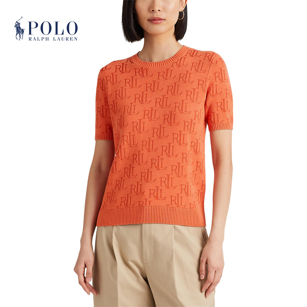 Lauren Woman Monogram Jacquard Short-sleeve Sweater In Canyon Orange