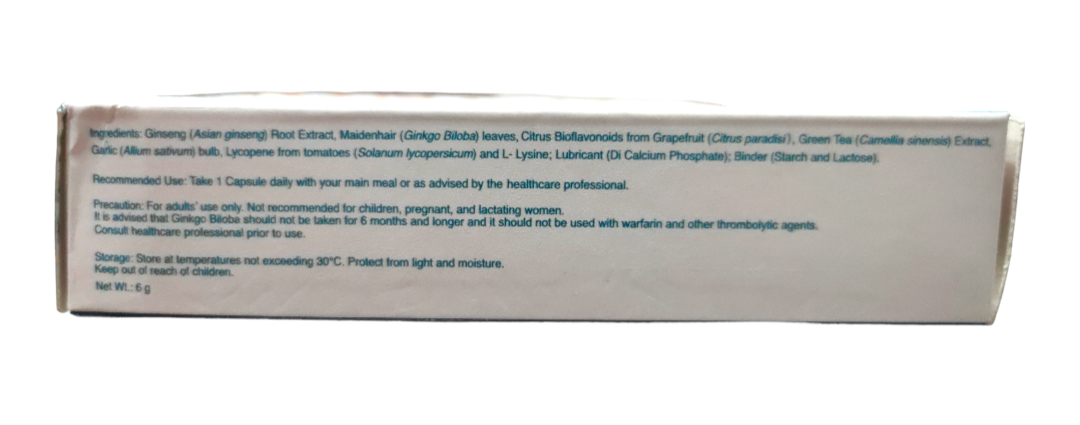 GINCO FORTE 200mg Ginseng Extract, Ginkgo Biloba, Citrus Bioflavanoids, Green Tea Extract, Garlic Lycopene and L-Lysine Food Supplement 30 Capsules. 