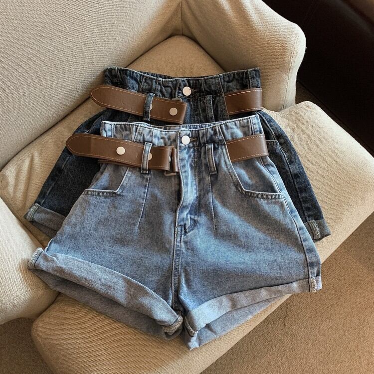 High Waist Belt Denim Shorts Women's 