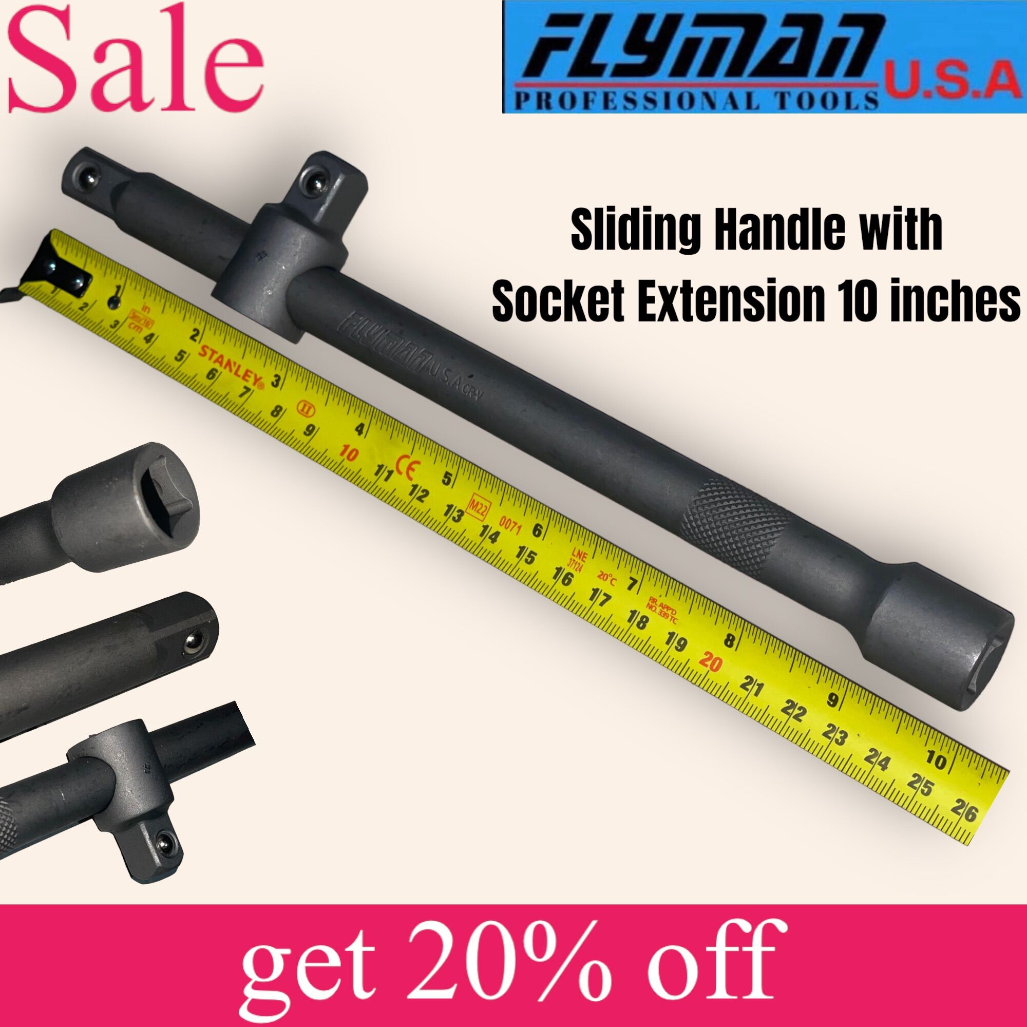 Sliding Handle 1/2 Drive with Socket Extension 10 inches Heavy Duty Flyman USA Original