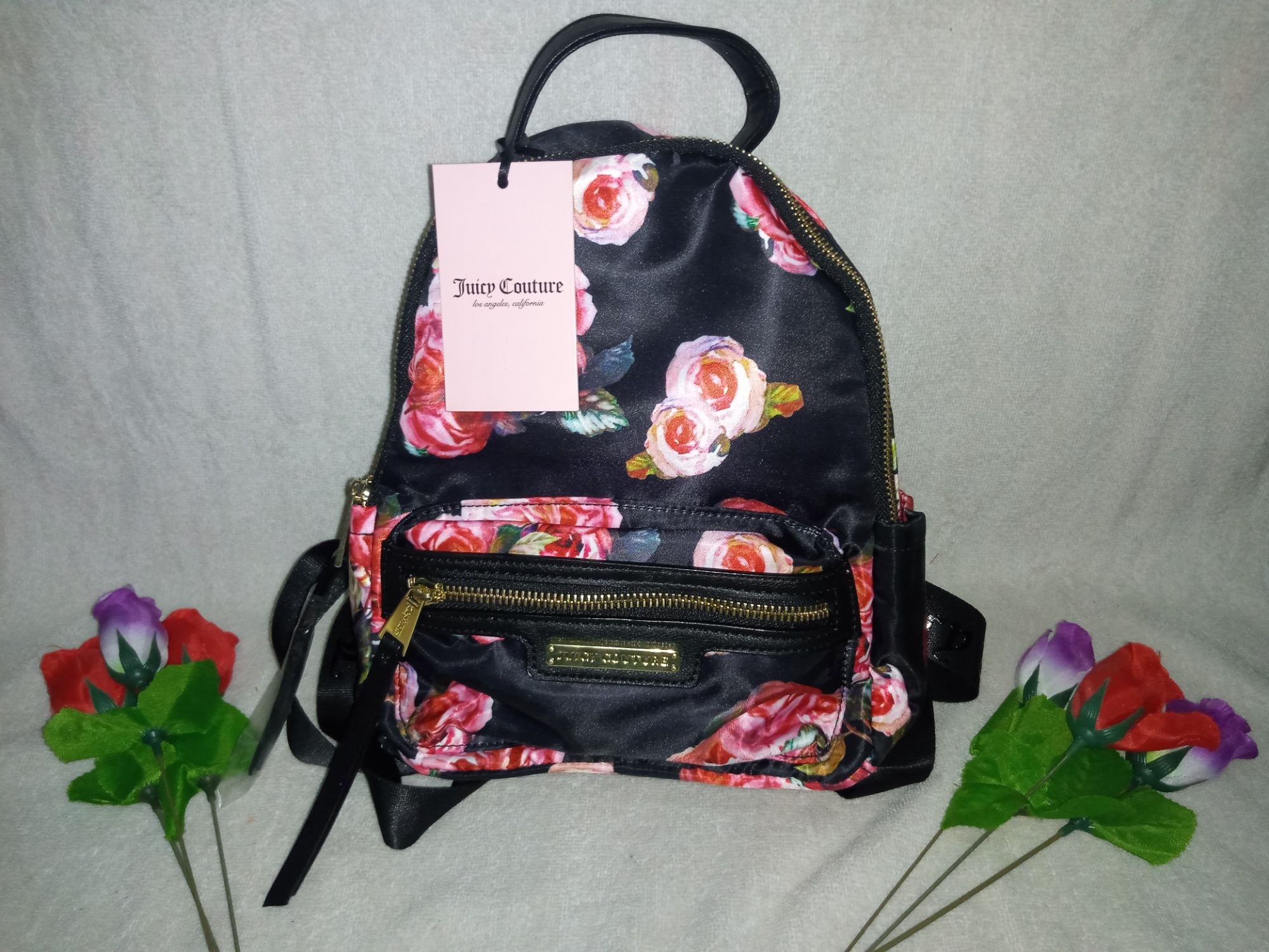 JUICY COUTURE 2-PC SET Floral Backpack & Clutch with Baw Black Pink Faux  Leather