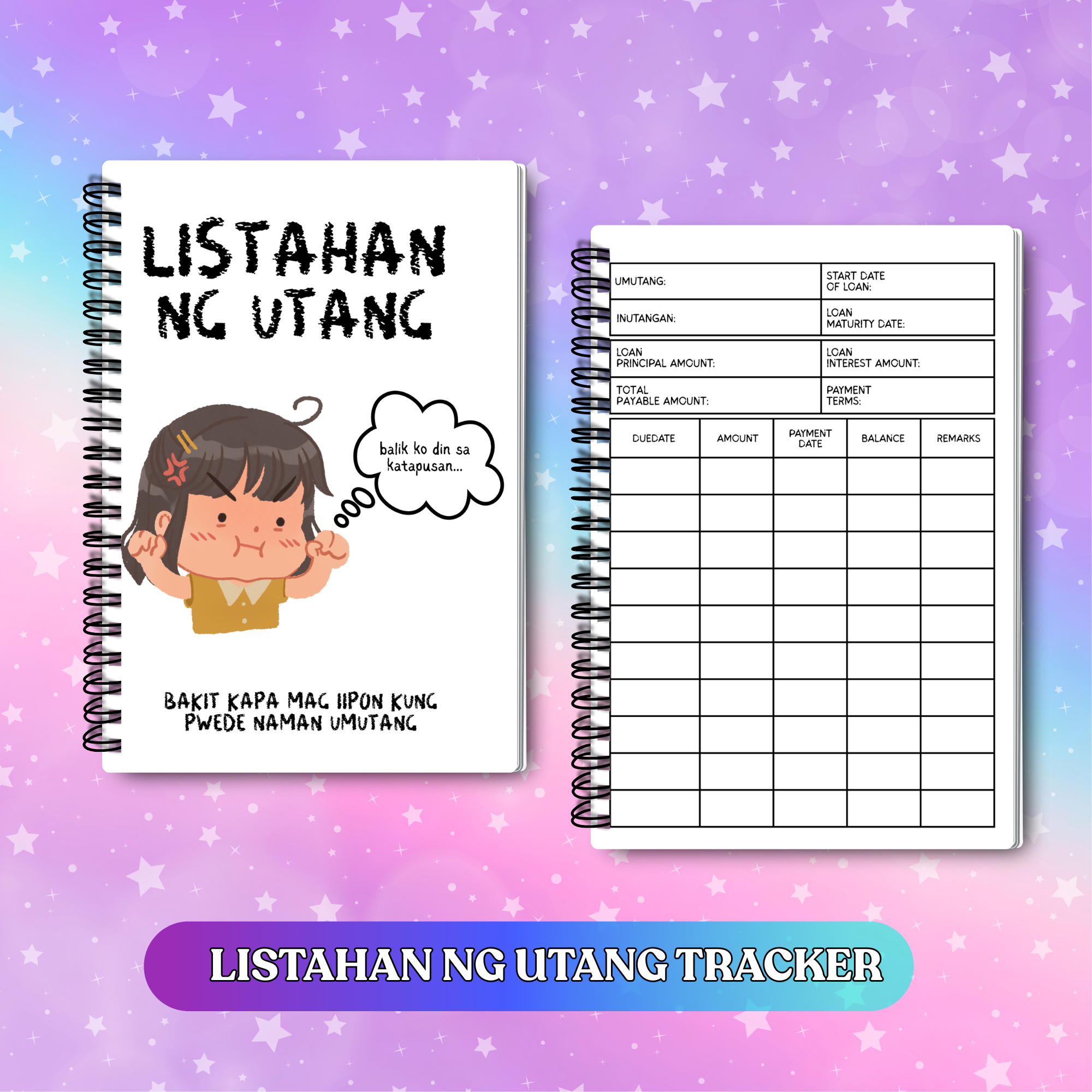 Listahan ng Utang Tracker Notebook with cartoon character and financial tracking table spiral-bound no back print includes free ballpen.