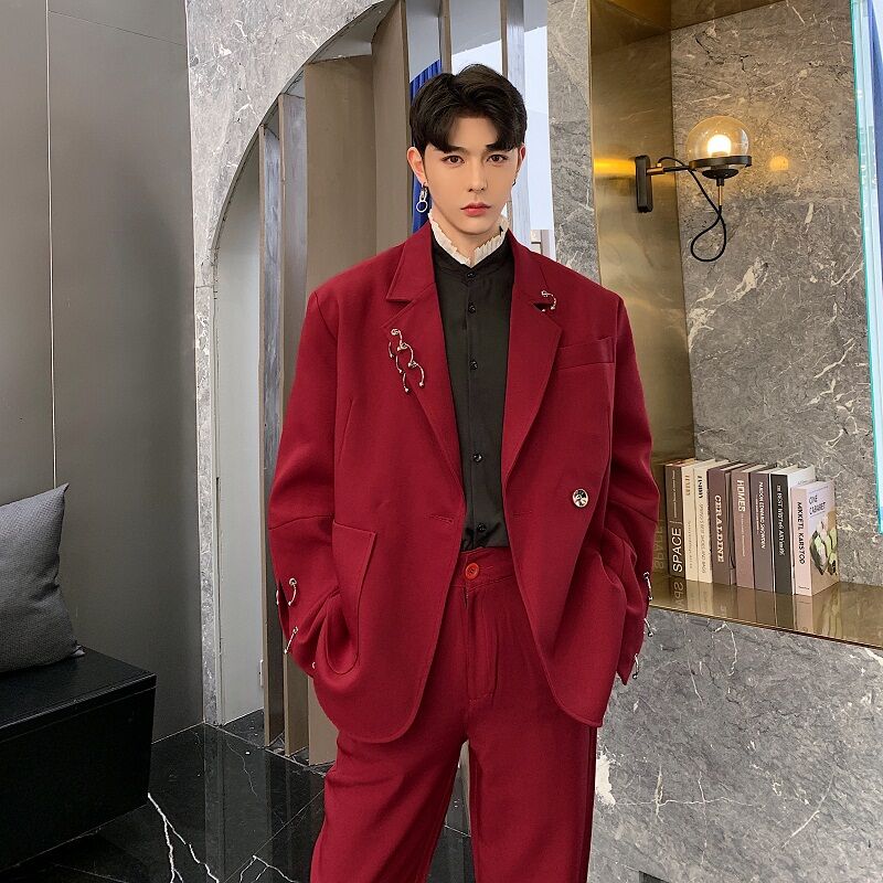 Casual Korean Coat Outfit Male Korean Coat Paint Men Red Suit
