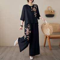 Lieoyuarn | Cotton Linen Embroidered T-Shirt and Wide Leg Pants Two Piece Set Lightweight Summer Outfit for Women Plus Size Mom Friendly Casual and Semi Formal Wear