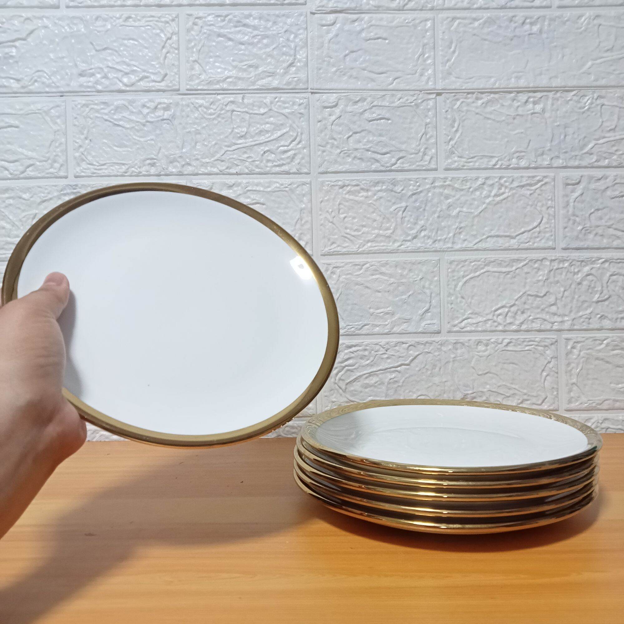 Set For 6 Pieces Luxury Porcelain Gold Rim Dinner Plate / Meat Plate / Salad Plate OR Pasta Plate OR Fish Plate Size 8 Inches