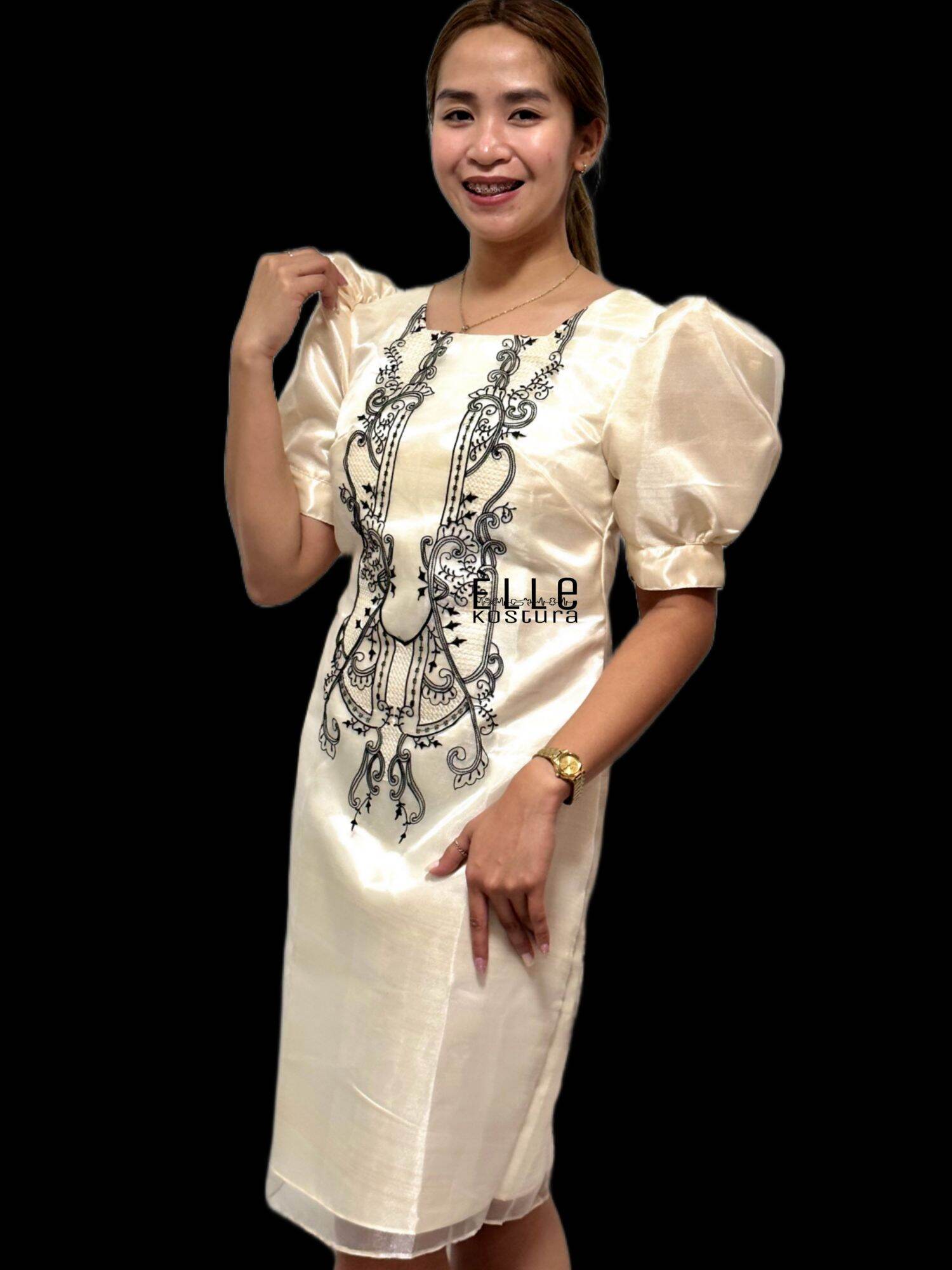 modern style knee length modern filipiniana dress Modern FILIPINIANA Dress Linen BARONG TAGALOG Philippine National Costume - Mocha