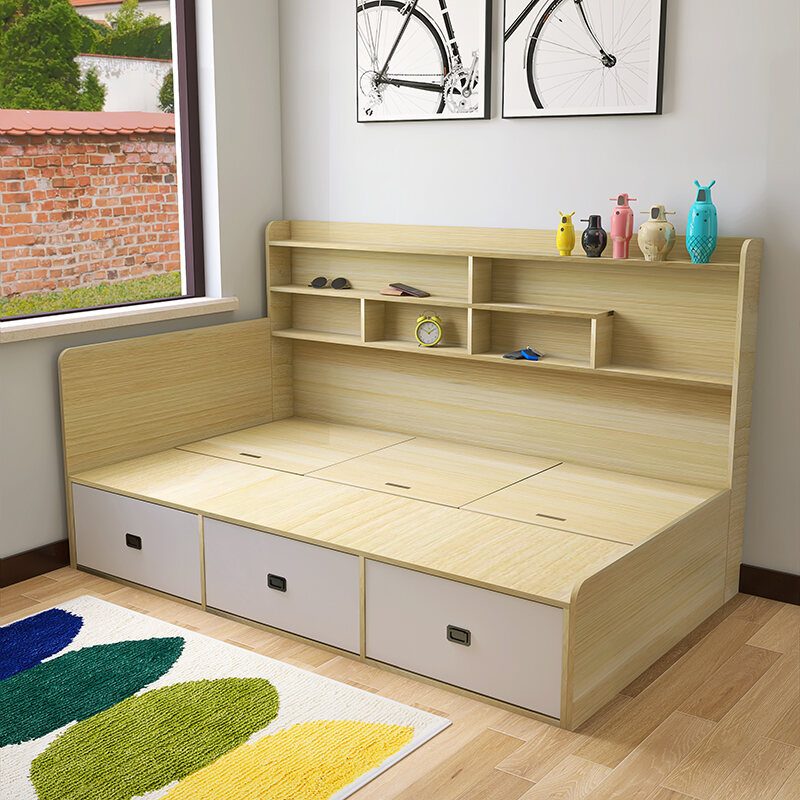 Bookcase Bed One-Piece Wall-Side Plate Tatami with Drawer Storage Bed Small Apartment Single Storage Children Solid Wood Bed