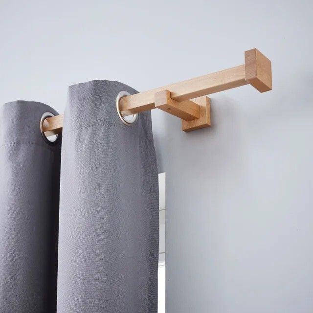 Wooden Curtain Rod with Single Slot Brackets Modern Square Design
