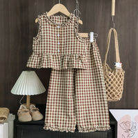Pink Girls Summer Two-piece Set with Single Breasted Sleeveless Top and Casual Pants New Childrens Sets Kids Clothes