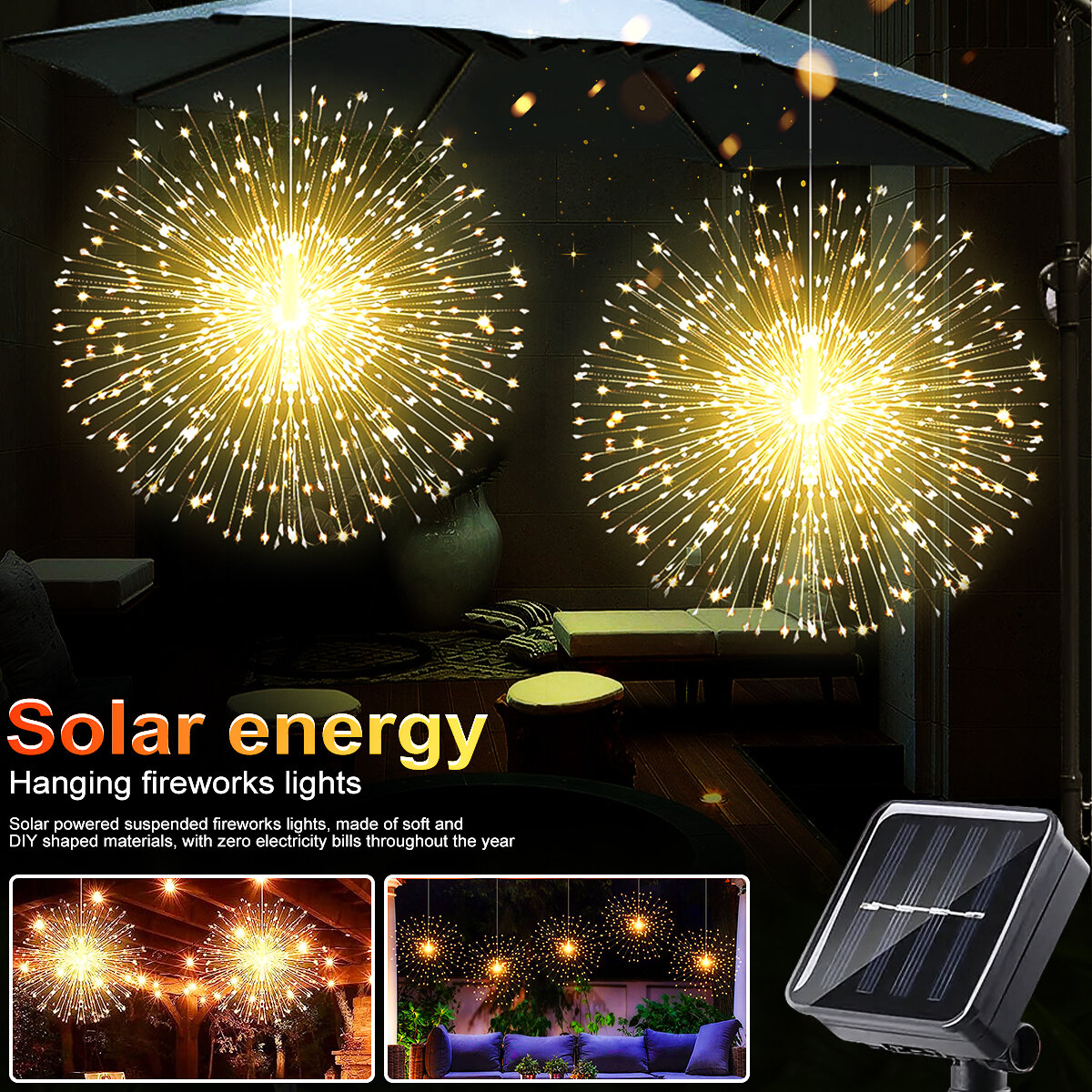Solar Firework Lights Outdoor - 90/150/200 LEDs 8 Modes Copper Wire Hanging Fairy Lights For Yard Patio TentPartyXmas