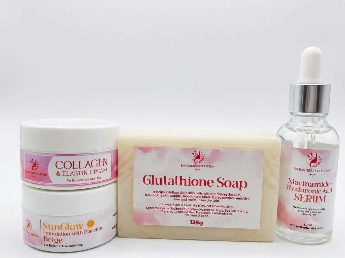 Enchantress Glow Facial Skincare Set Collagen & Elastin Cream SunGlow Foundation Glutathione Soap Niacinamide Serum Anti-aging Brightening Moisturizing Hydrating Exfoliating