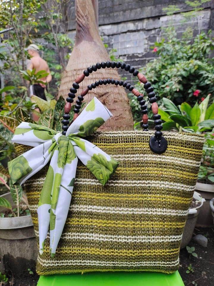 Native Abaca Bag with Wood Handle and Scarf Natural Material Bag