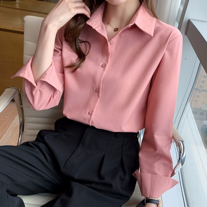 Spring 2023 New Pink Shirts Women's Design Sense Niche Long sleeve ...