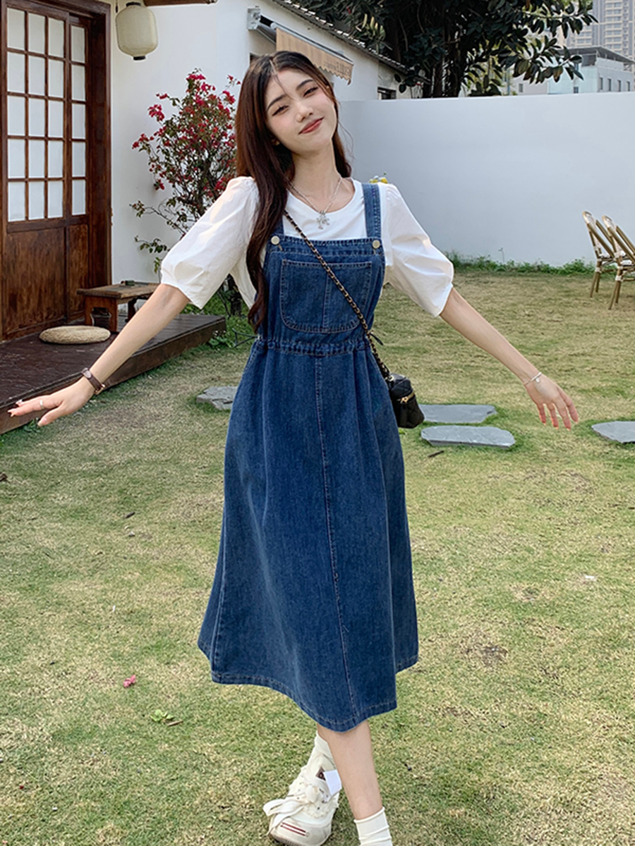 Denim Korean Jumper Dress Outfit Ideas Piwonia Wide-Leg Denim Jumper Pants YesStyle