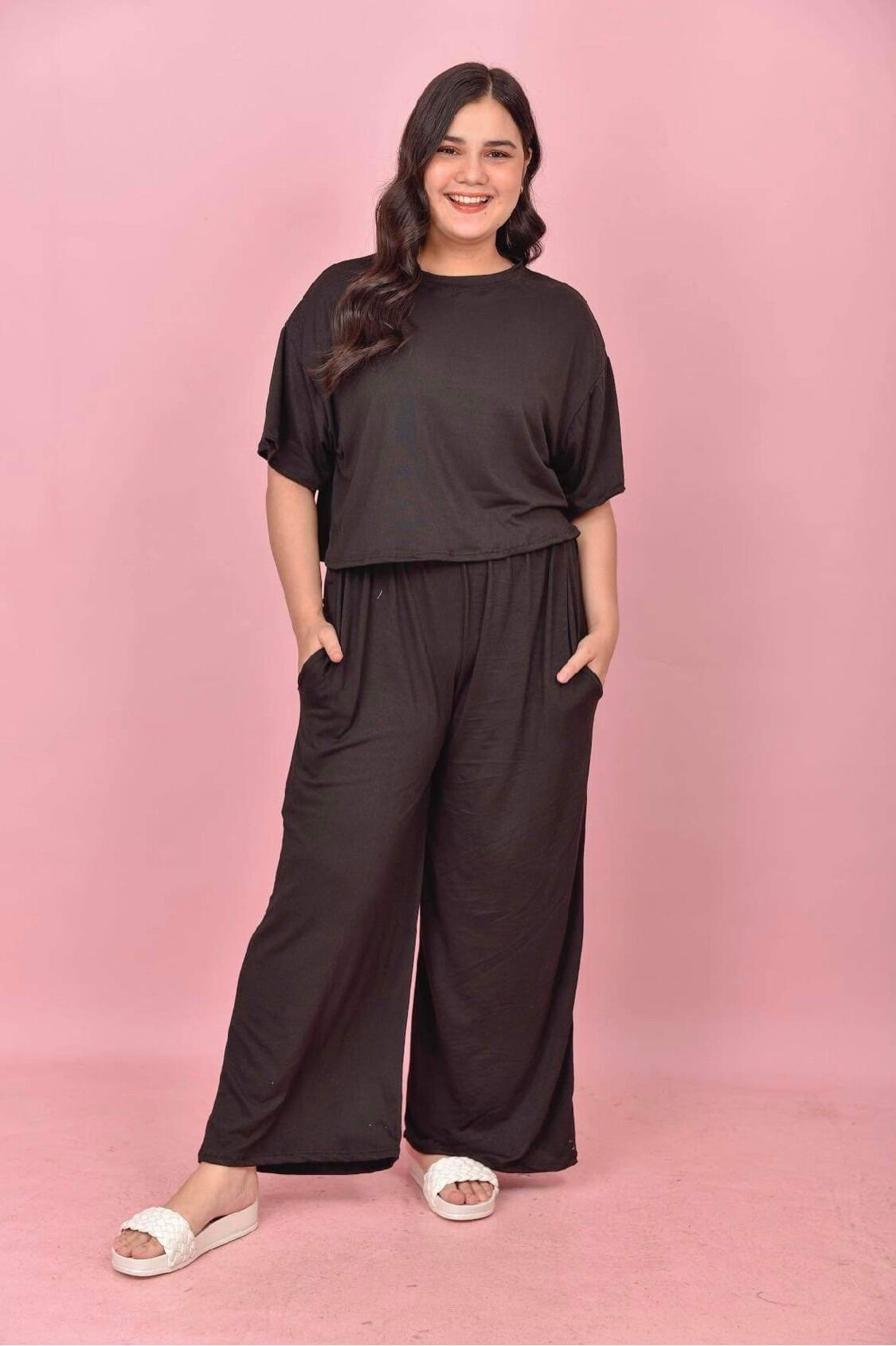 Gentle Woman Inspired Coordinates Trendy and Fashionable Plus Size in wide  leg pants with loose crop top