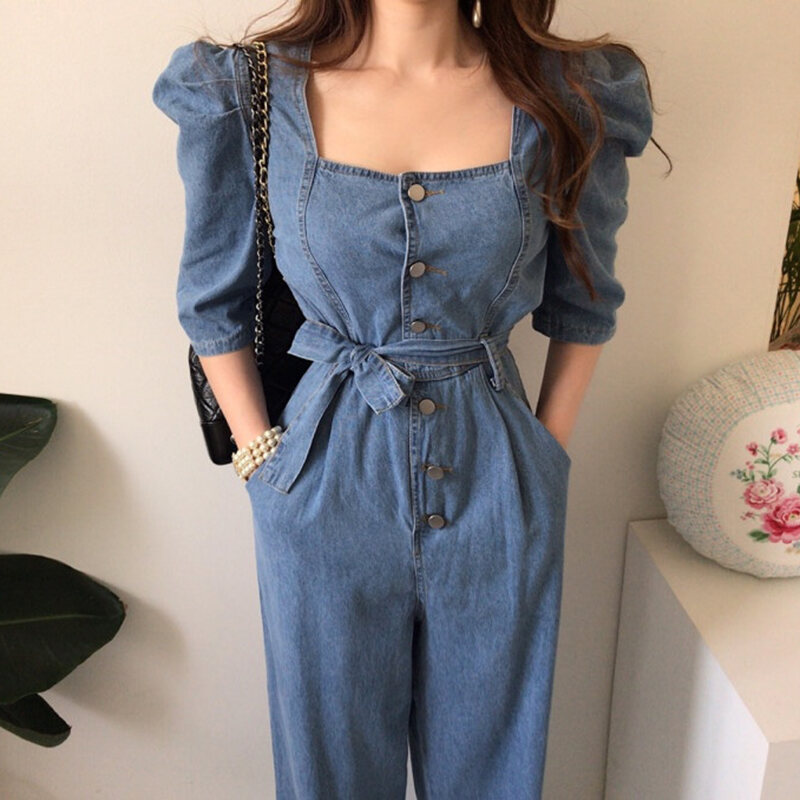 Puff Sleeve Denim Romper