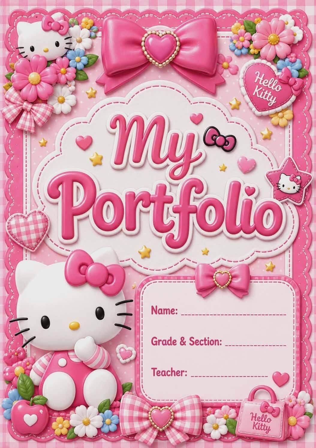 My Melody Portfolio COVER A5 Size 135 gsm photo sticker with pink bow and floral design for Name Grade & Section Teacher fields.