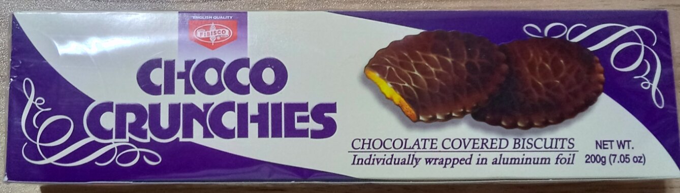 200g Choco Crunchies. Chocolate Covered Biscuits. Individually wrapped in aluminum foil.. 