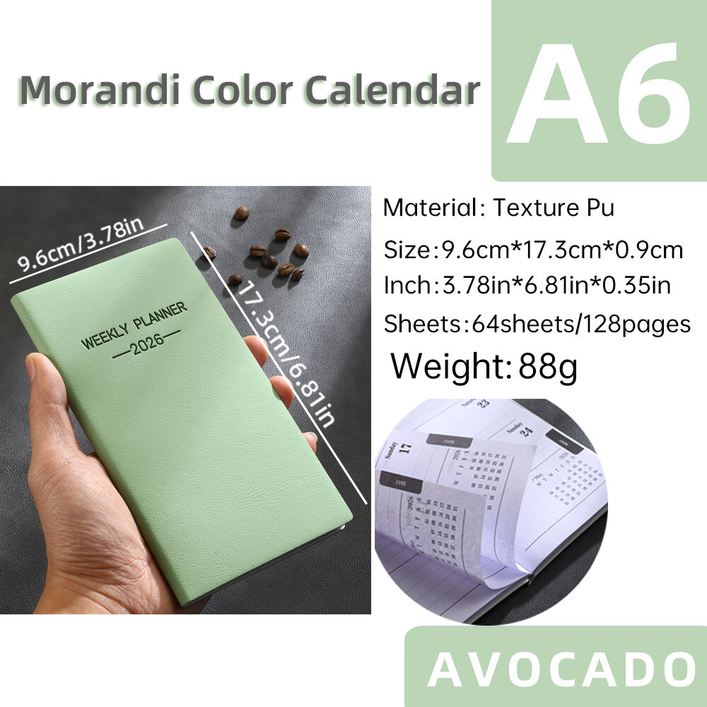 1pc A6 size 2026 daily planner Morandi color leather calendar 64 sheets 128 page thin weekly calendar book