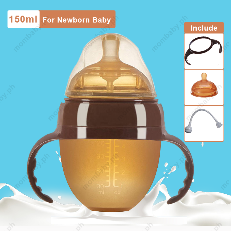Silver Ion Antibacterial Baby Bottle Nano Silicone Baby Wide-Bore Cup Anti-Colic Baby Feeding Bottle With Straw+Handle
