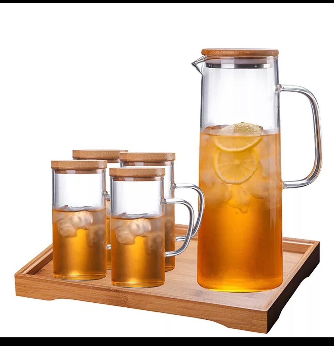 Glass pitcher with bamboo lid, mugs and tray | Lazada PH