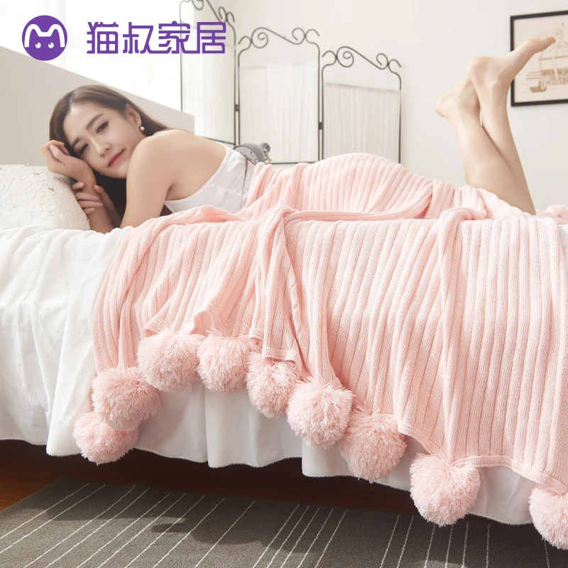 Nordic Cotton Solid Color Ball Blanket Nap Blanket Sofa Bed Tail Shawl Blanket Photo Decoration Wool Ins Cover Blanket