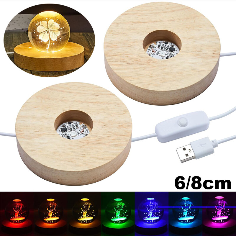 1/4pcs LED Wooden Round Lighted Base Adjustable Colors Changing Display ...