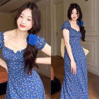 Homecore | Blue Puff Sleeves Floral Summer Vacation Style Long Dress