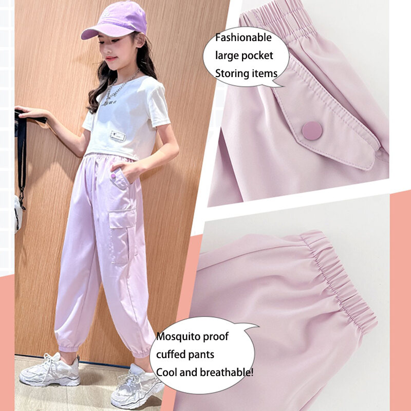 Summer Pants Jogger Pants for Kids Girls Candy Pants Cargo Pants for Teens  Girls 5-16 Years Old 4 Pocket Cargo Baggy Pants Casual Ice Silk Hight Waist  Kids Fashion Summer Loose Jogger