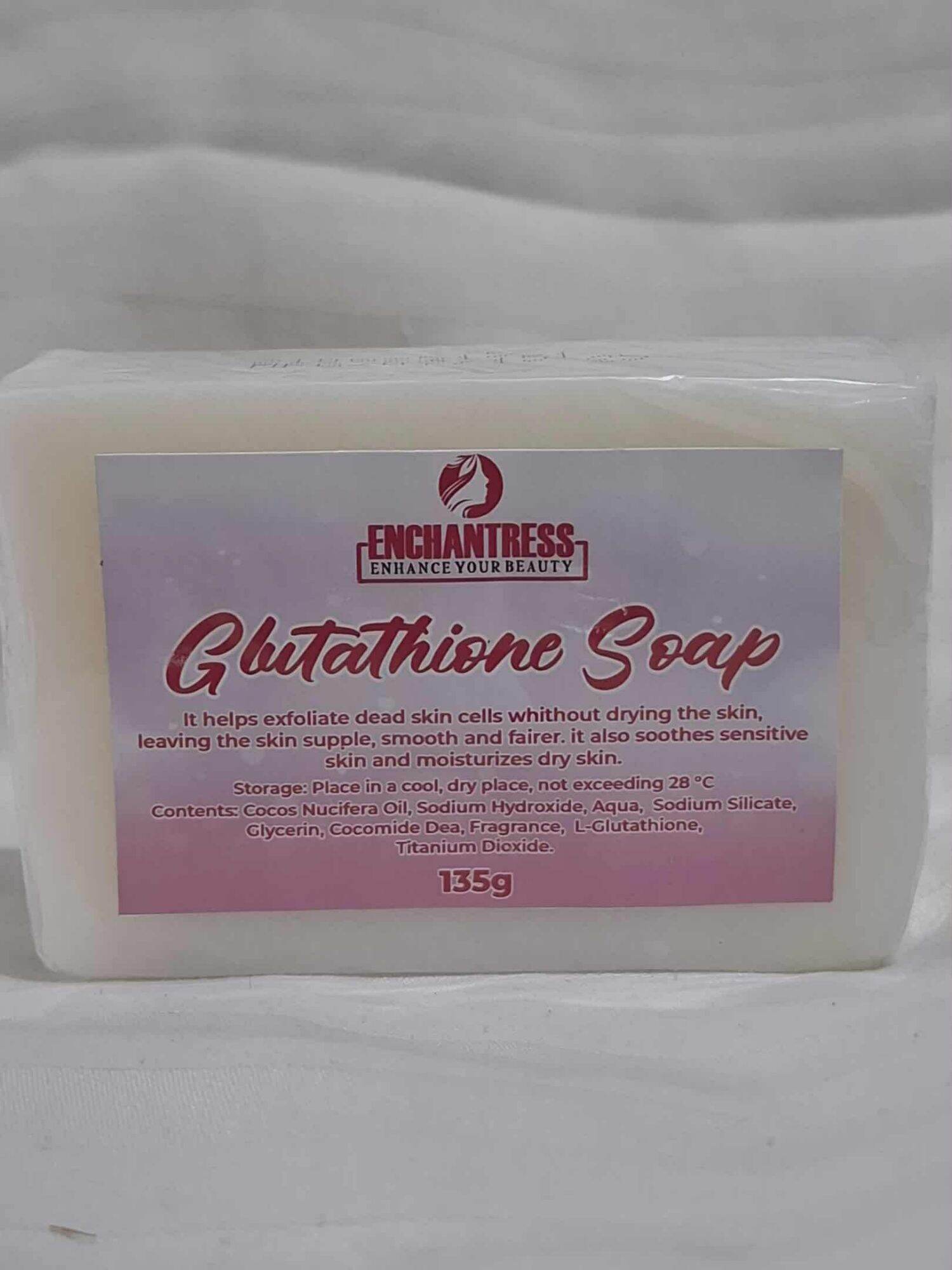 enchantress glutathione soap ENCHANTRESS GLUTATHIONE SOAP EXFOLIATE DEAD SKIN SMOOTH AND FAIRER SKIN  SOOTES SENSITIVE SKIN MOISTURIZES DRY SKIN 135 G Gentle Formula  Moisturizing Brightening Nourishing Dry Skin - Lazada