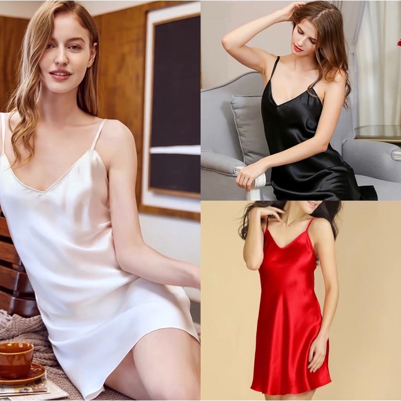PM✿ Silk Dress Women's Lingerie Plain Sleepwear Satin Nightdress