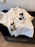 XUNZHU | Vintage Mickey Print Short Sleeve Shirt Slim Fit Flared Collar