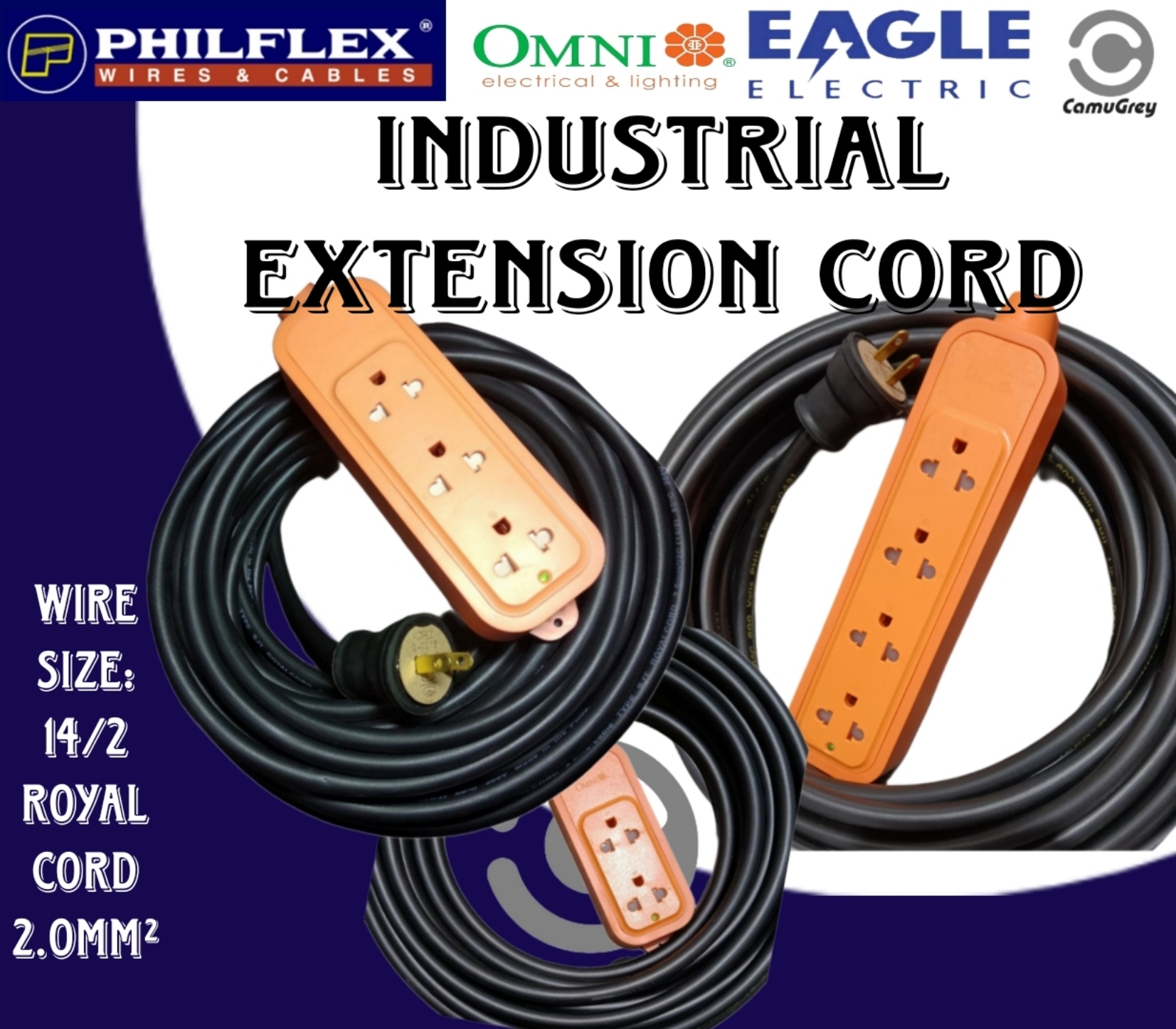 INDUSTRIAL EXTENSION CORD HEAVY DUTY 14/2 ROYAL CORD 1 TO 12 METERS