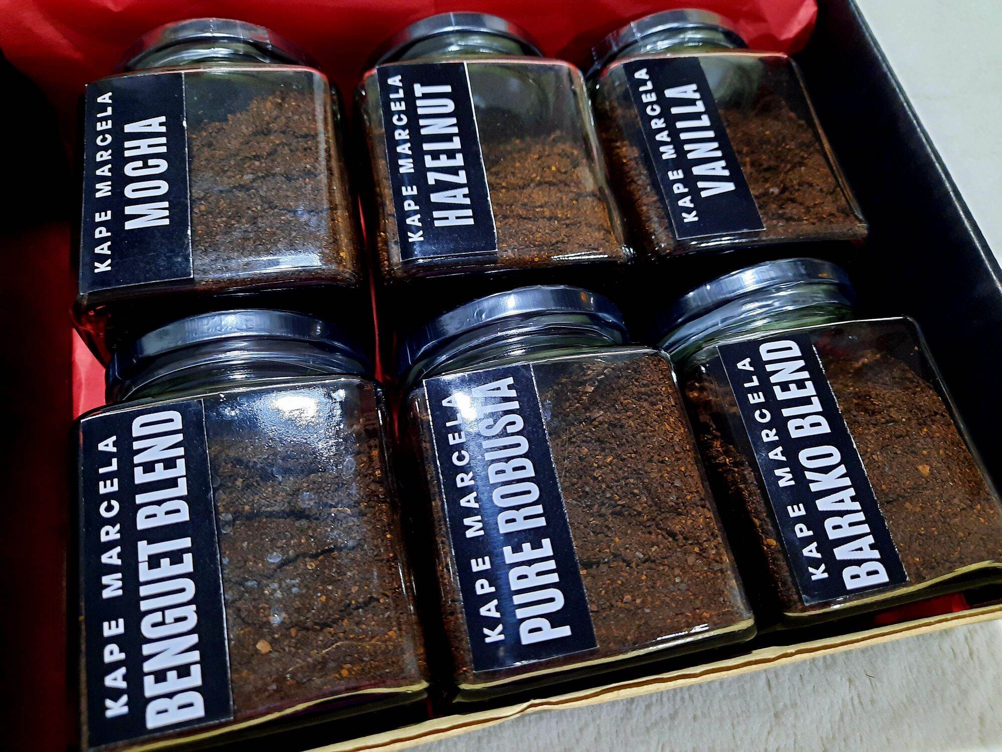 COFFEE GIFT SET / COFFEE GRINDS ASSORTED 80G EACH GLASS JAR 6 BOTTLES
