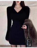 HUOLISI | Black V-Neck Tight Bodycon Dress for Women Autumn Winter Styling
